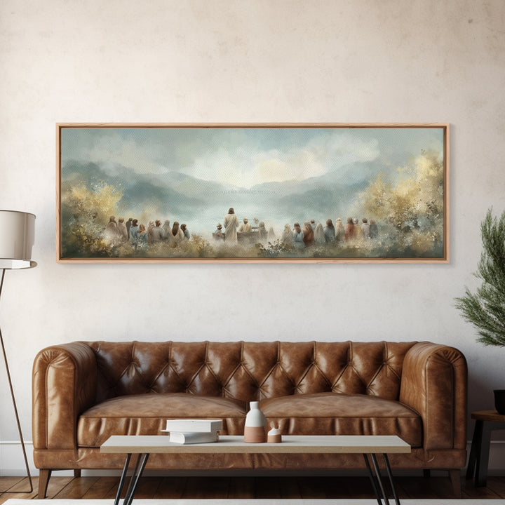 Sacred Shore Harmony | Framed Canvas Print | Christian Art Canvas | Panoramic Frame | Jesus Painting | Christian Decor | Christmas Wall Art