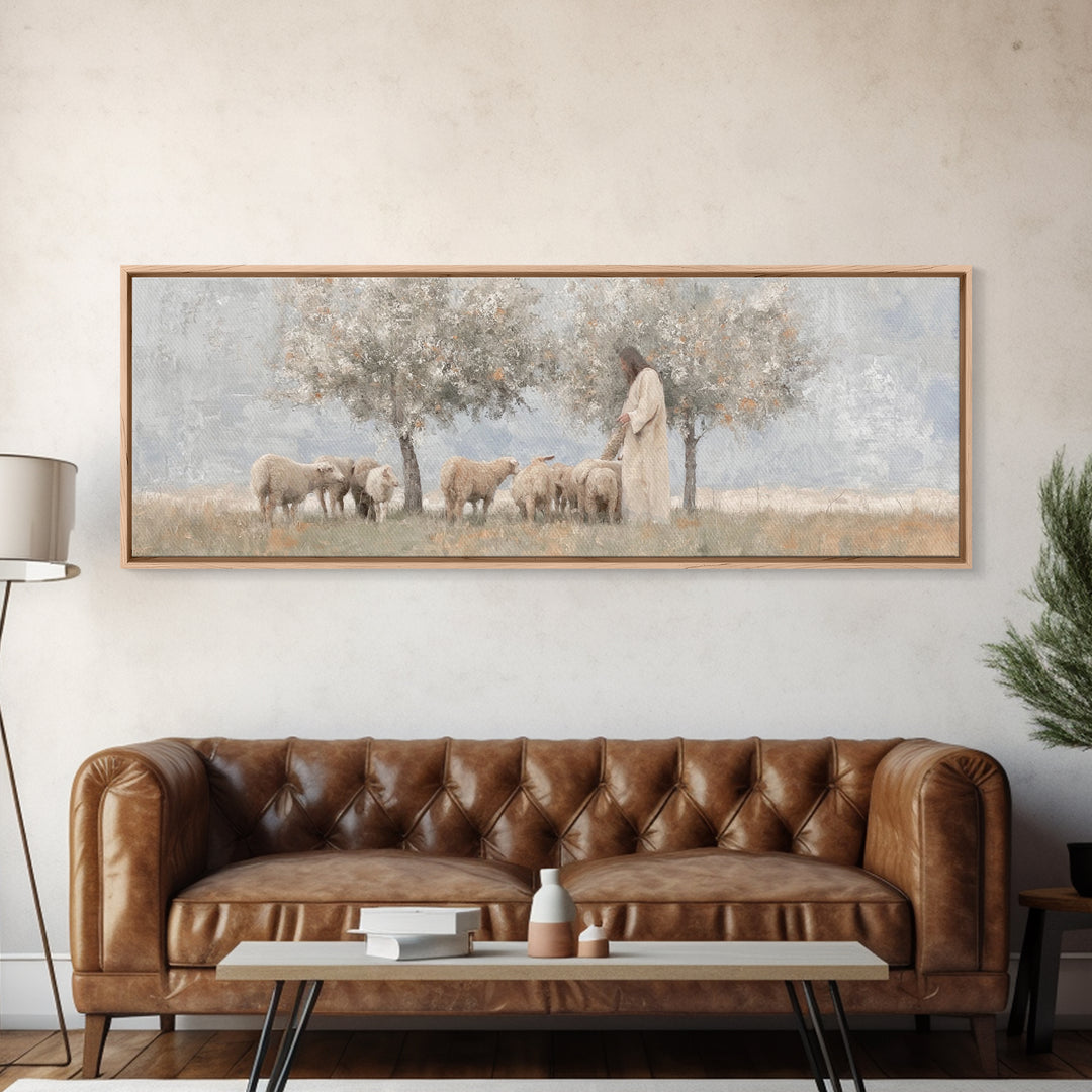 Olive Grove Shepherd, Framed Canvas Print, Panoramic Wall Art, Christian Art Canvas, Jesus Painting, Christian Decor, Christian Art