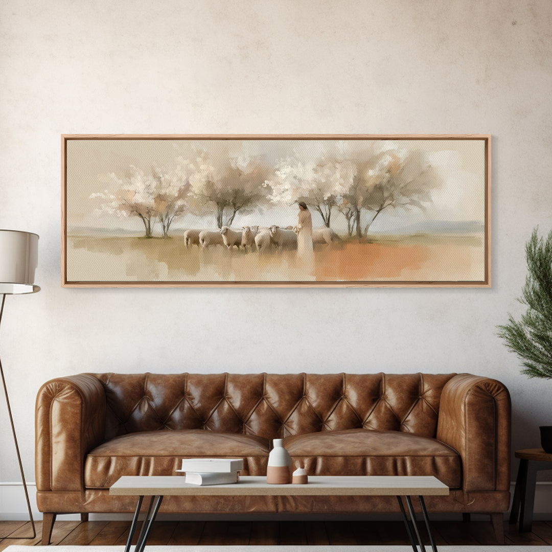 Spring Pasture Grace – Framed Canvas Print – Panoramic Print – Christian Art – Jesus Painting – Christian Gift Ideas – Christian Wall Art