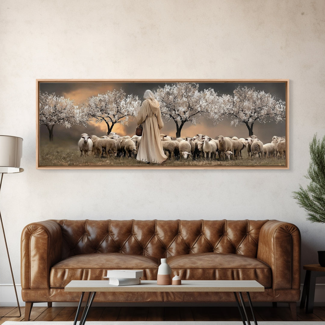Twilight Shepherd Path – Framed Canvas Print – Panoramic Wall Art – Jesus Art Print – Christian Art Canvas – Christian Decor – Modern Chris