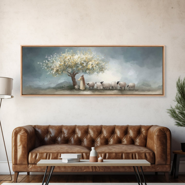 Golden Pasture Calm, Framed Canvas Print, Panoramic Art, Christian Art Print, Jesus Painting Canvas, Christian Christmas Art, Christian Dec