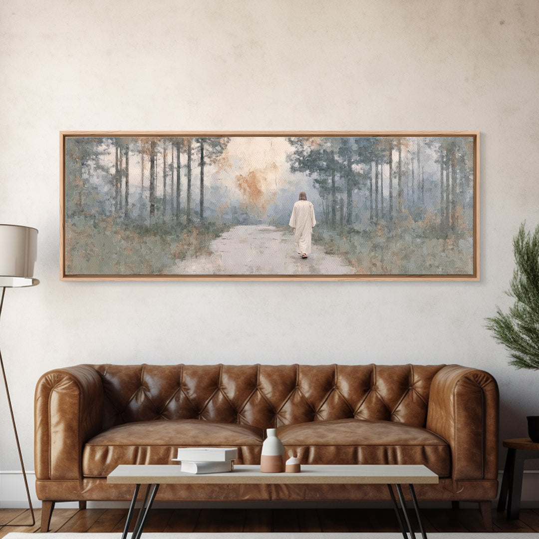 Silent Morning Path, Framed Canvas Print, Panoramic Print, Christian Wall Art, Jesus Art Canvas, Christian Art, Christmas Wall Art
