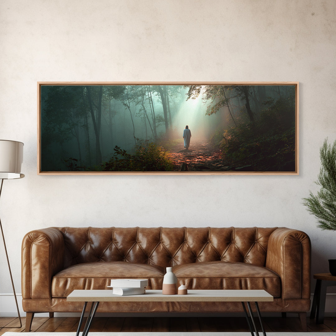 Hope In The Pines - Framed Canvas Print - Panoramic Wall Art - Christian Art Canvas - Jesus Painting - Christmas Art - Christian Decor
