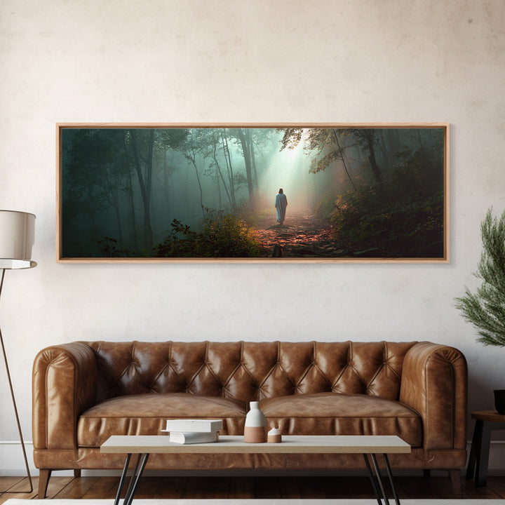 Hope In The Pines - Framed Canvas Print - Panoramic Wall Art - Christian Art Canvas - Jesus Painting - Christmas Art - Christian Decor