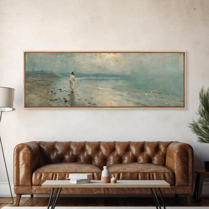 Shoreline Of Mercy, Framed Canvas Print, Christian Wall Art, Jesus Painting, Panoramic Wall Art, Christian Art Canvas, Christmas Art