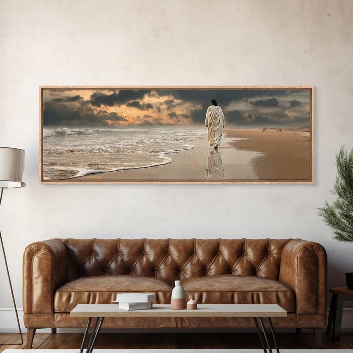Twilight Footsteps, Framed Canvas Print, Christian Wall Art, Panoramic Painting, Jesus Painting, Christian Art Canvas, Christmas Art