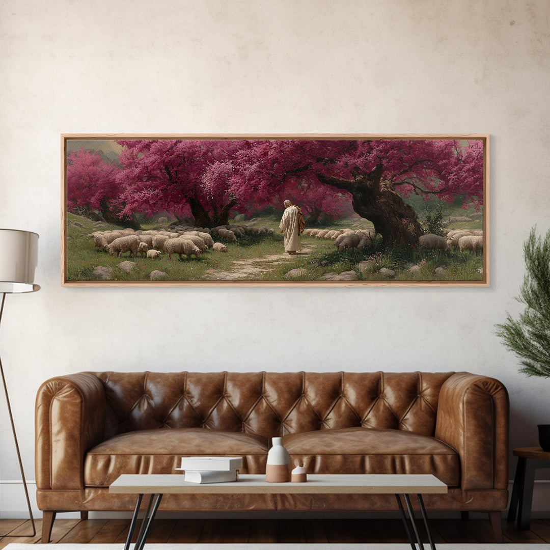 Crimson Shepherd Path – Framed Canvas Print – Panoramic Frame – Jesus Painting – Christian Art Canvas – Christian Wall Art – Christmas Art