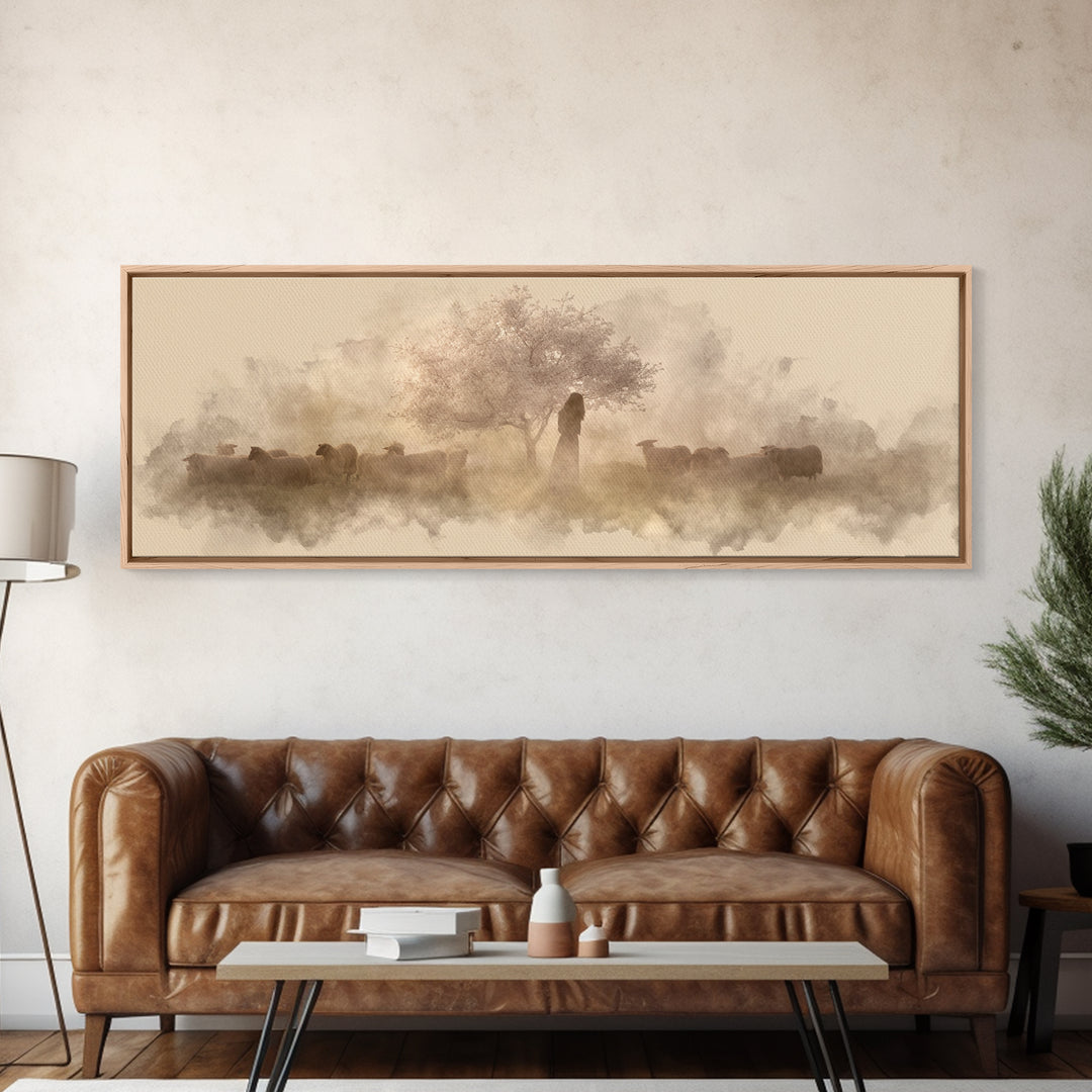 Shepherd’s Quiet Bloom, Framed Canvas Print, Panoramic Print, Christian Wall Art, Jesus Painting, Christian Art Canvas, Christmas Art