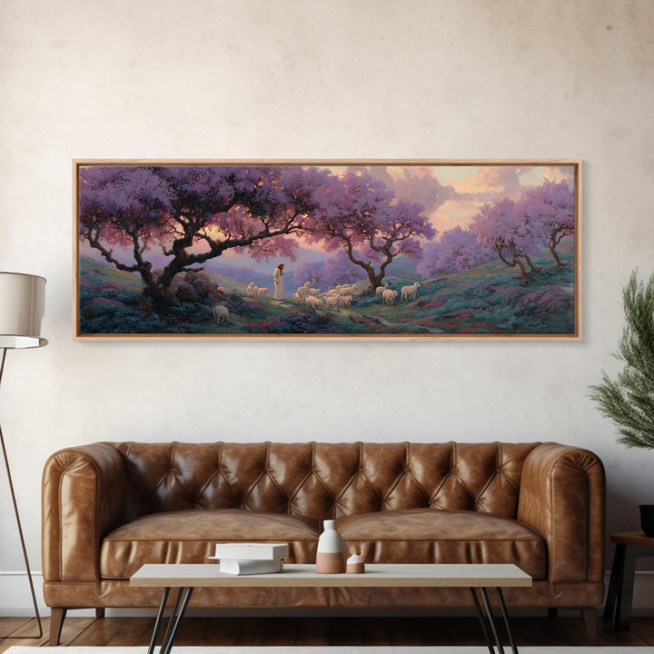 Lavender Hill Shepherd – Framed Canvas Print – Panoramic Painting – Christian Art Canvas – Jesus Painting – Christian Wall Art – Christmas