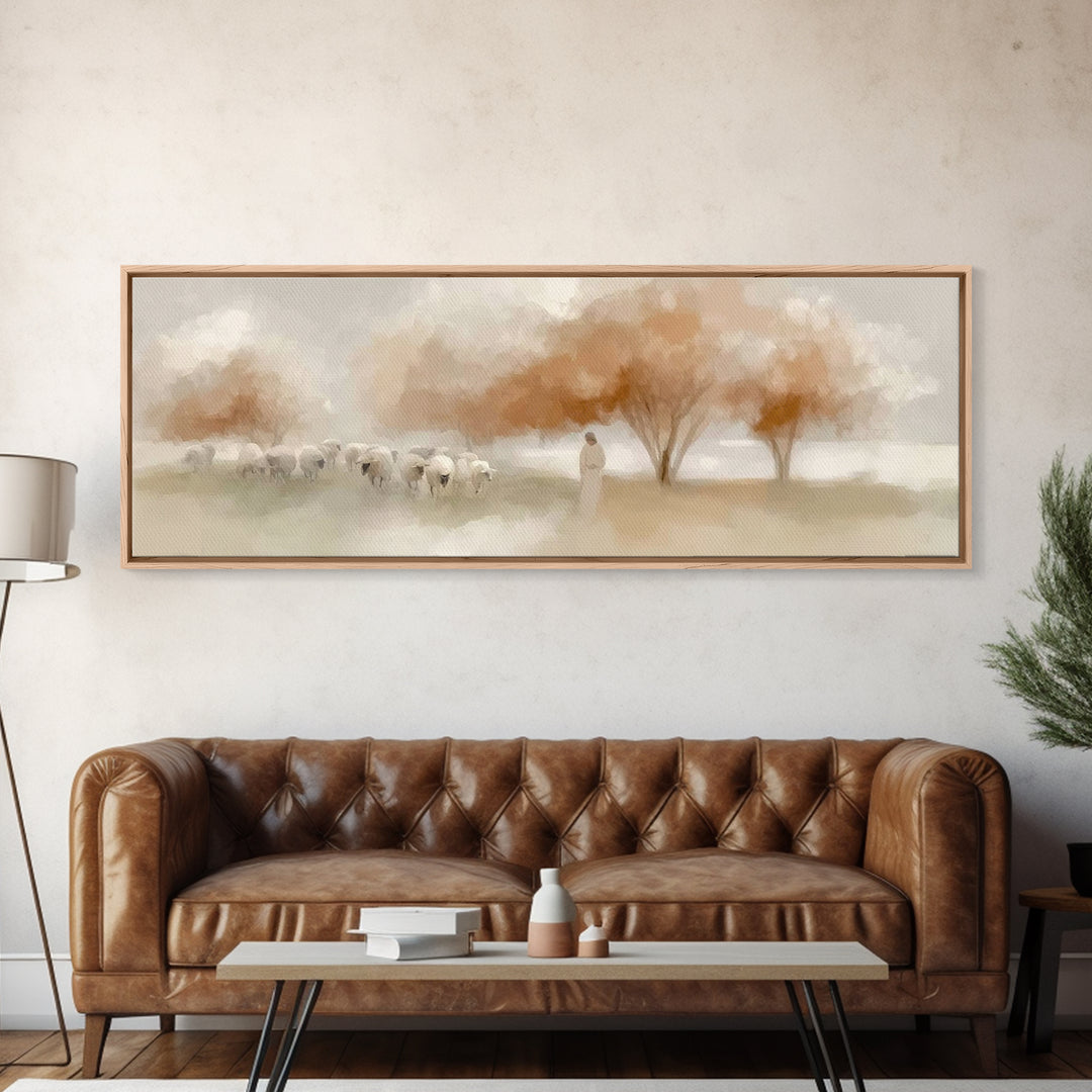 The Peaceful Shepherd, Framed Canvas Print, Christian Wall Art, Jesus Painting, Panoramic Art, Christian Art Canvas, Christmas Art
