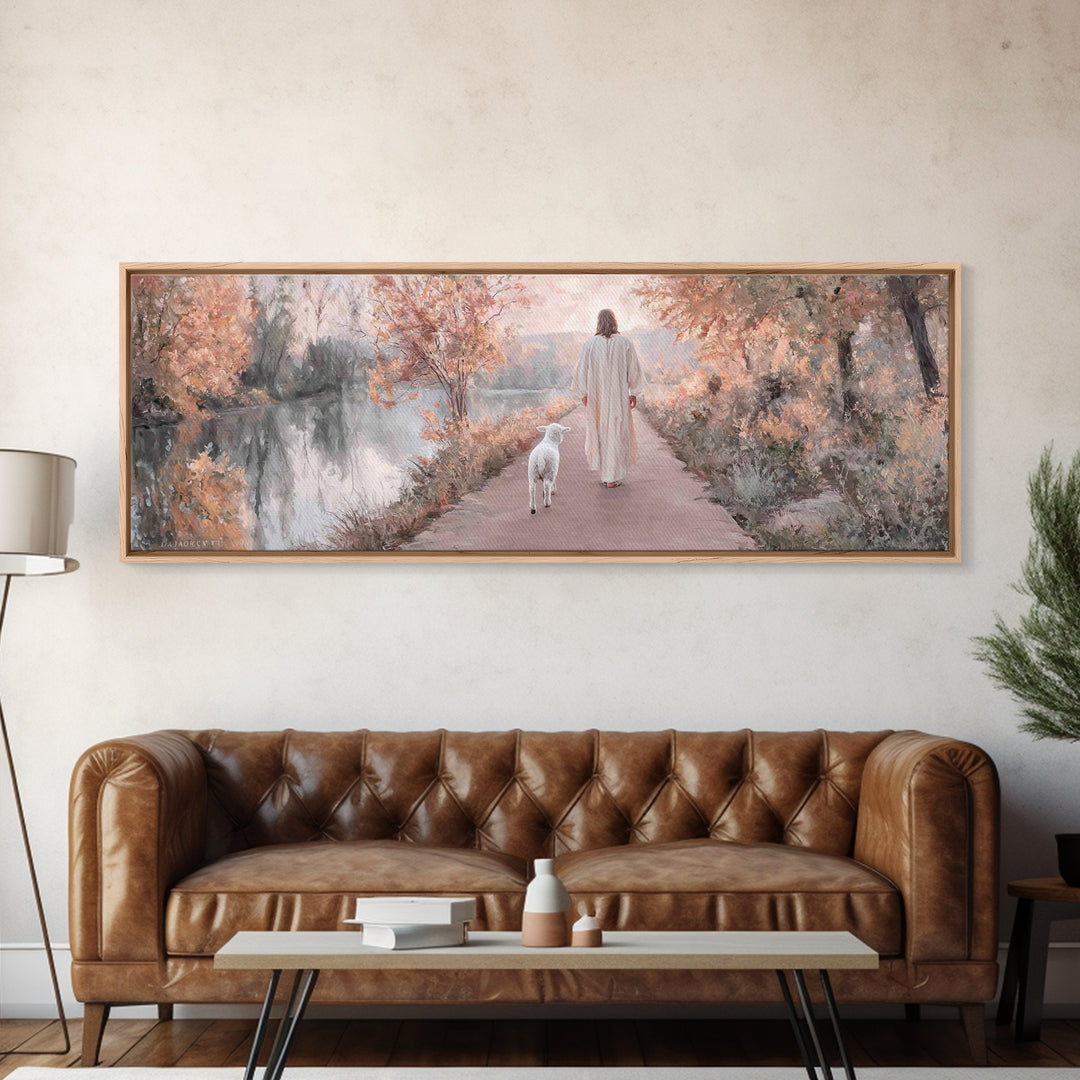 Autumn Path Mercy | Framed Canvas Print | Christian Art Print | Jesus Painting | Panoramic Painting | Christian Christmas Art | Christian D