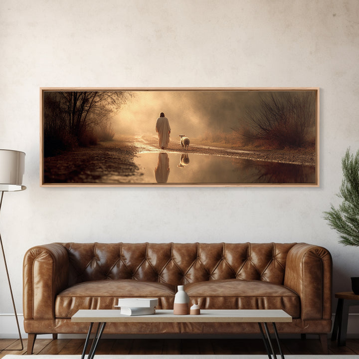 Golden Hour Shepherd, Framed Canvas Print, Christian Art Canvas, Panoramic Wall Art, Jesus Painting, Christian Christmas Art, Christian Gif