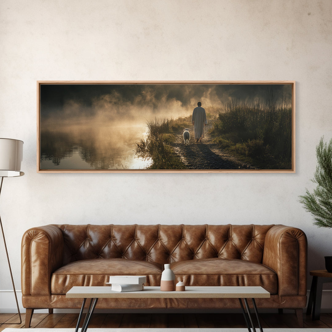 Morning Shore Peace | Framed Canvas Print | Christian Wall Art | Panoramic Print | Jesus Art Canvas | Christmas Art | Christian Art Gift