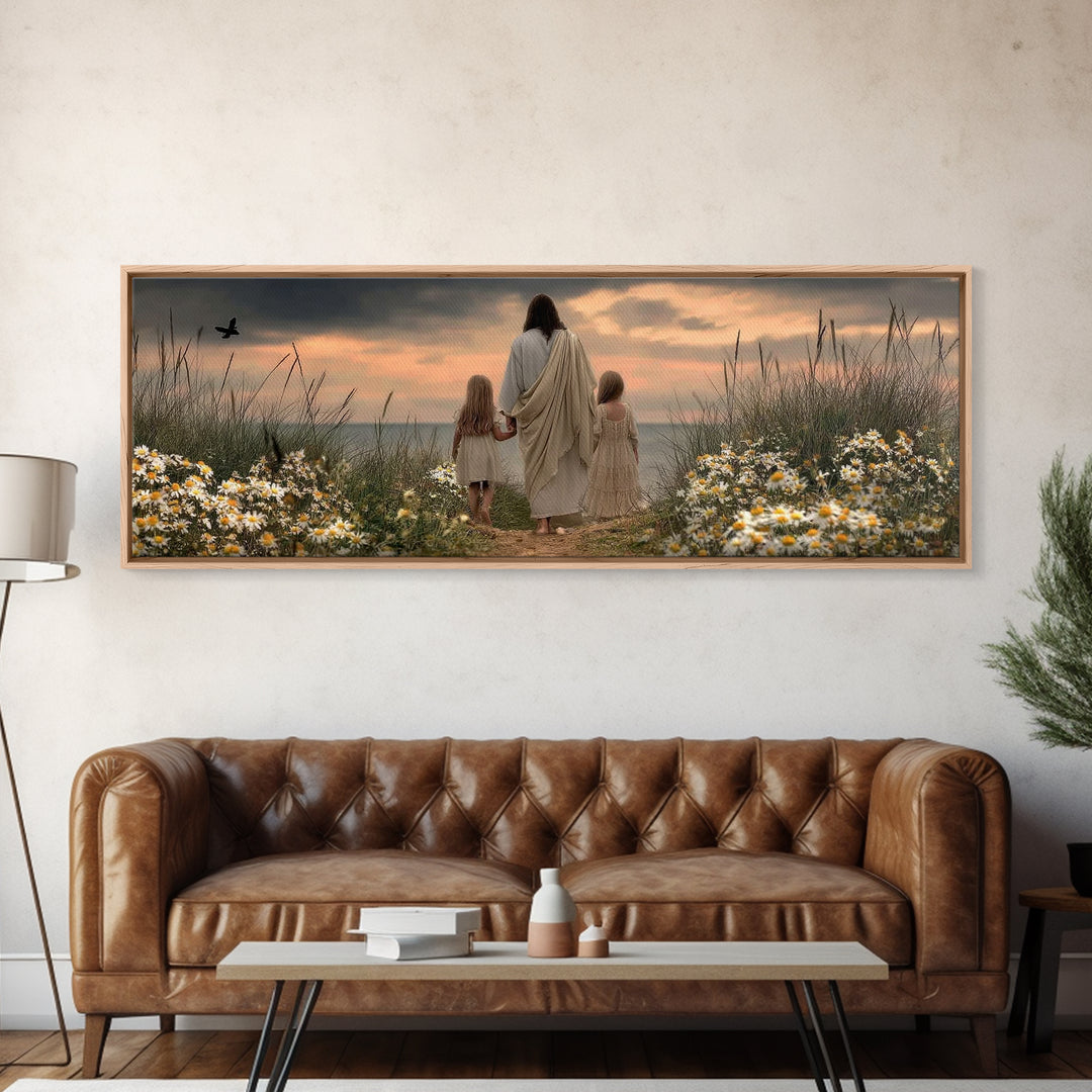 Daisies Of Peace | Framed Canvas Print | Panoramic Frame | Christian Art Canvas | Jesus Painting | Christian Wall Art | Christian Art Print