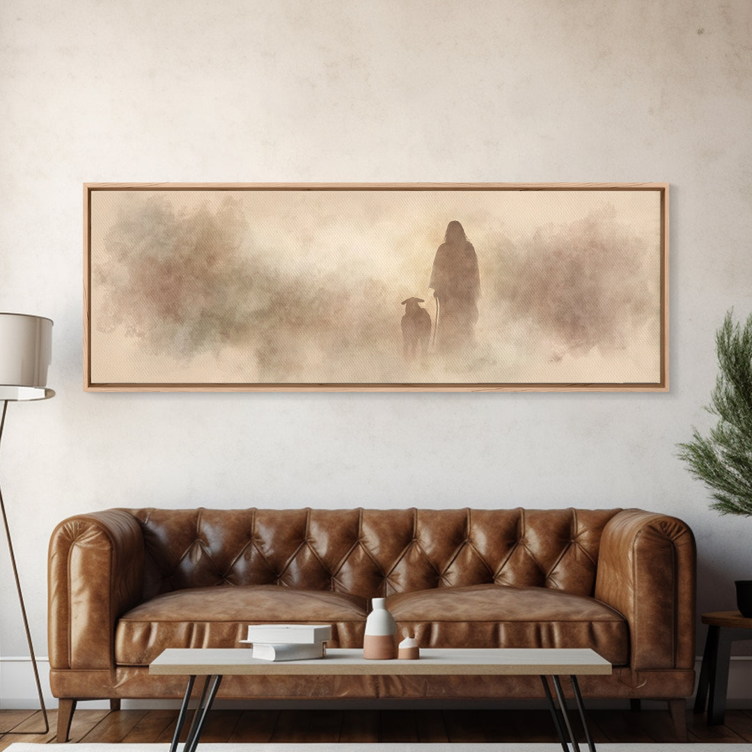 Guiding Shepherd – Framed Canvas Print – Panoramic Painting – Christian Art – Christian Canvas – Jesus Painting – Christian Decor