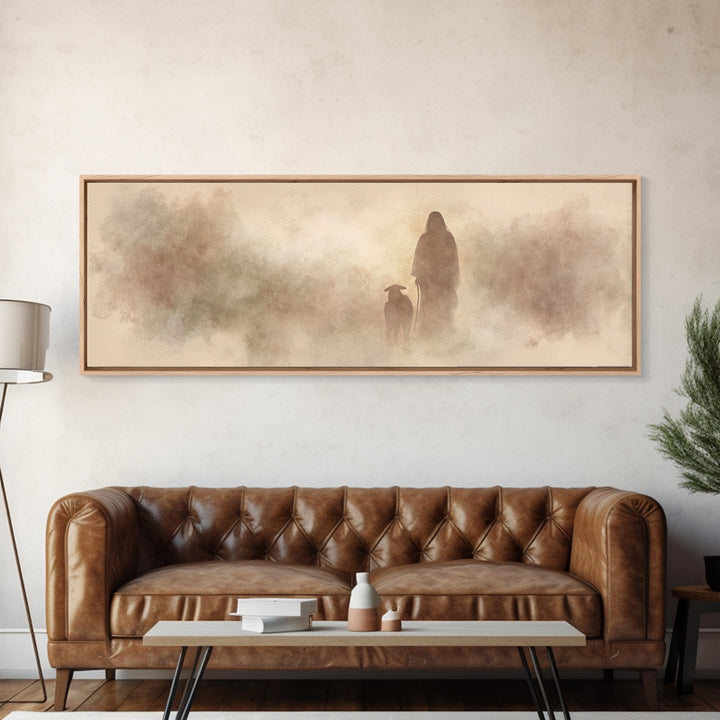 Guiding Shepherd – Framed Canvas Print – Panoramic Painting – Christian Art – Christian Canvas – Jesus Painting – Christian Decor