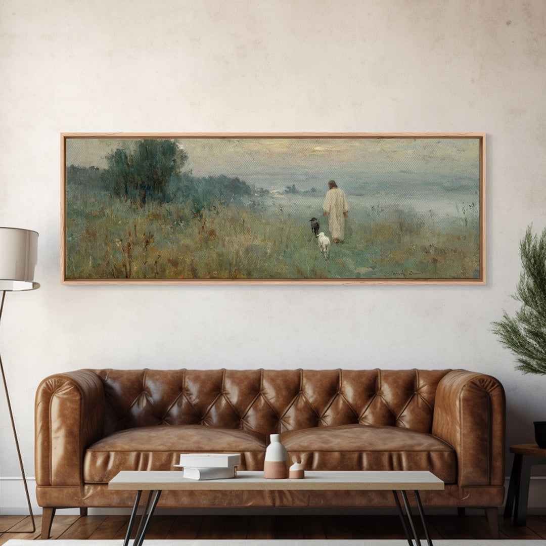 The Meadow Shepherd – Framed Canvas Print – Panoramic Art – Christian Wall Art – Jesus Painting – Christian Art Canvas – Christmas Art