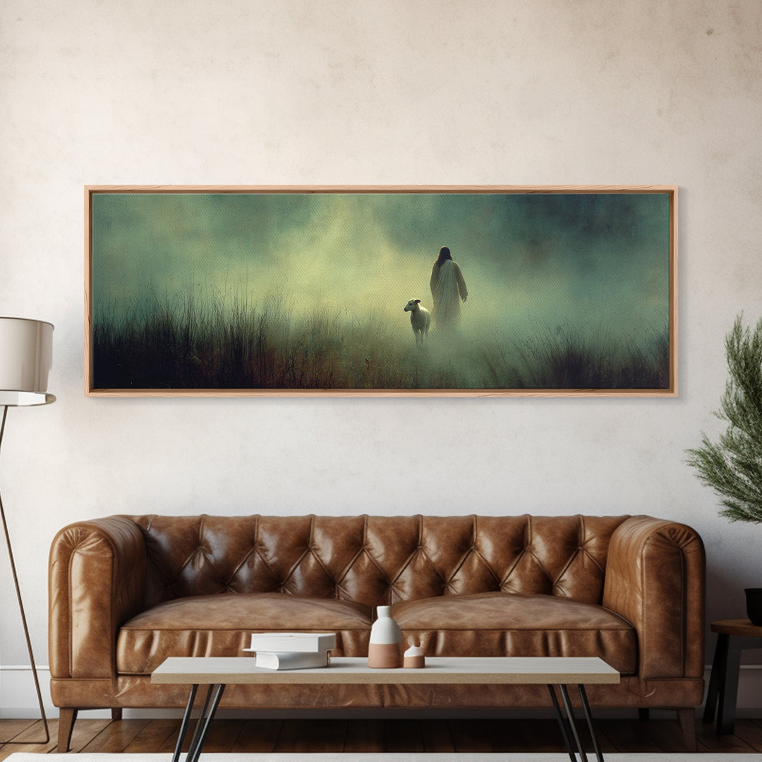 Misty Grace, Framed Canvas Print, Panoramic Painting, Christian Wall Art, Jesus Art Print, Christian Canvas Art, Subtle Christian Art