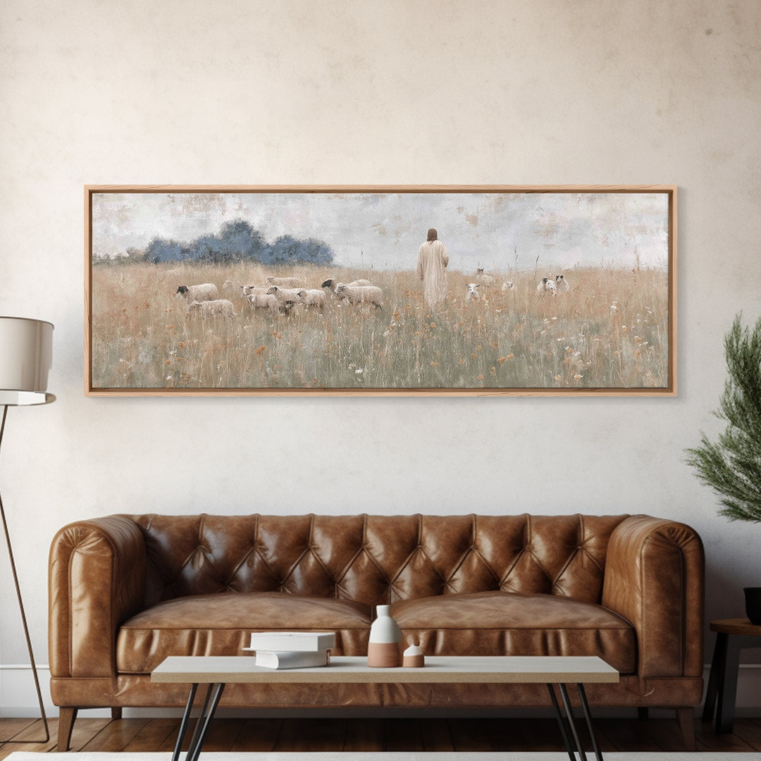 Shepherd’s Gathering, Framed Canvas Print, Panoramic Print, Christian Art Canvas, Jesus Painting, Christmas Art Prints, Large Christian Art