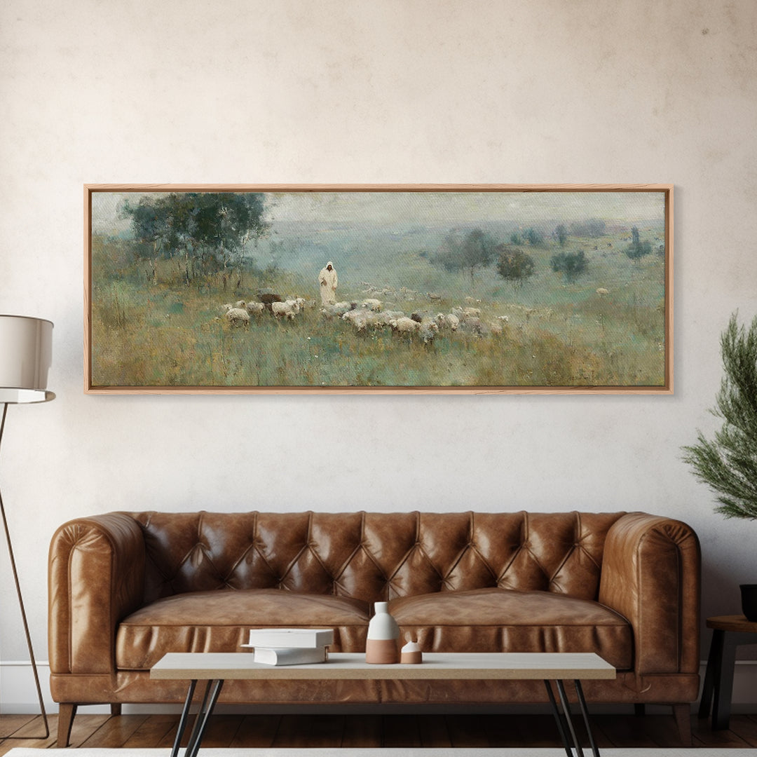 Pasture Of Grace | Framed Canvas Print | Panoramic Frame | Christian Art Canvas | Jesus Painting | Christian Christmas Art | Modern Christi
