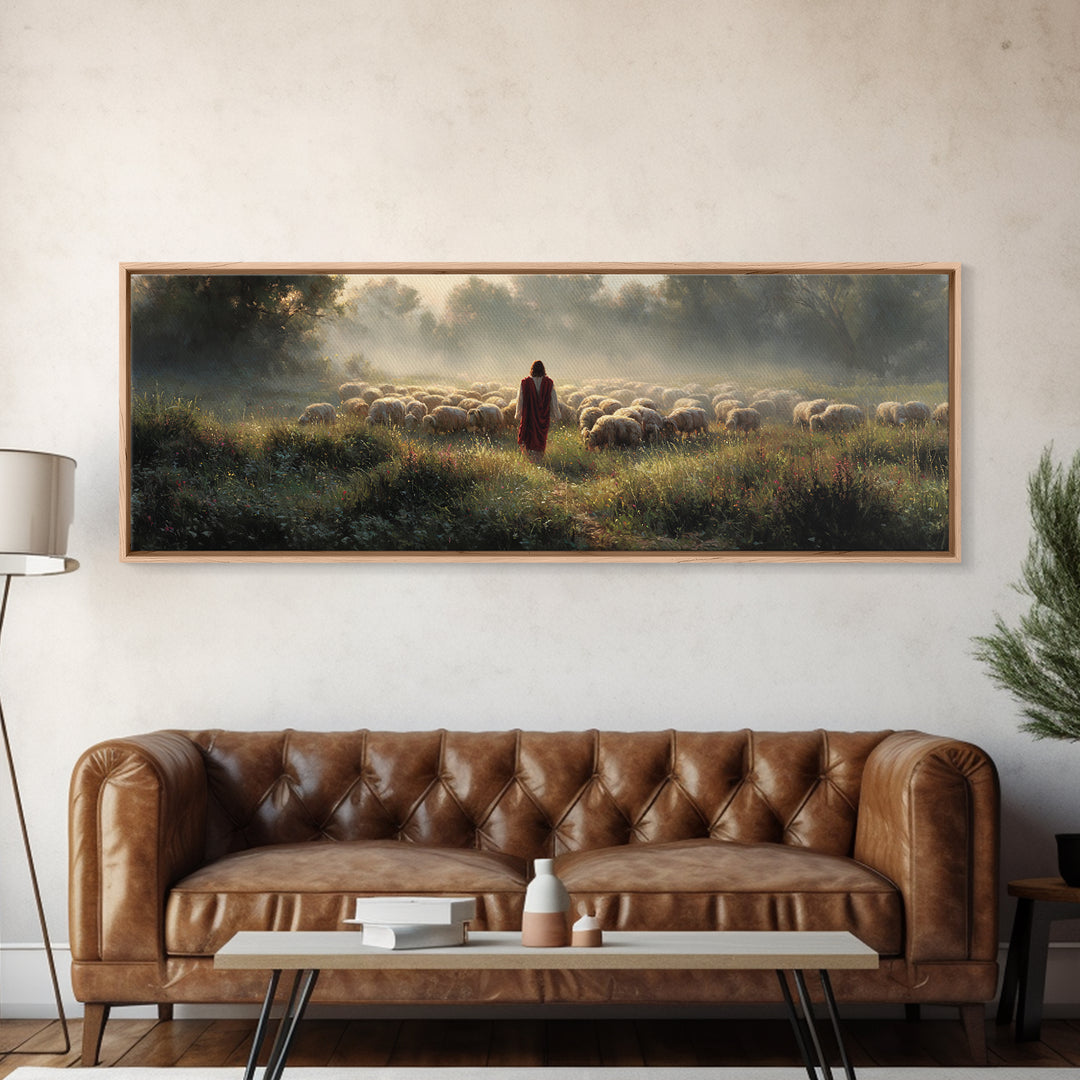 Morning Shepherd Light, Framed Canvas Print, Panoramic Wall Art, Christian Art Print, Large Jesus Painting, Christian Canvas Art, Subtle Ch
