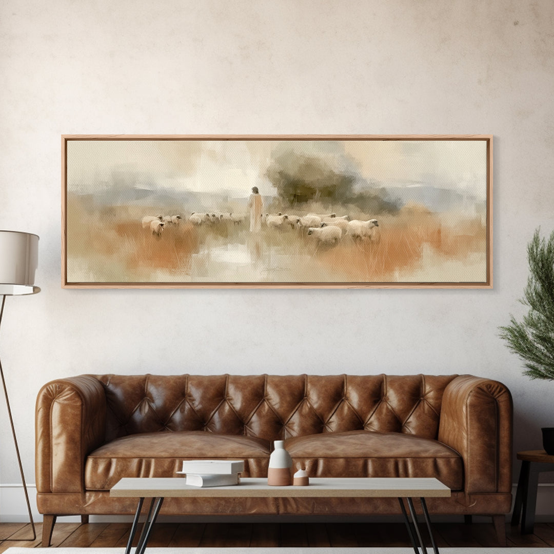 Eternal Shepherd Calm, Framed Canvas Print, Panoramic Print, Christian Art Print, Jesus Painting Canvas, Christian Christmas Art, Large Chr