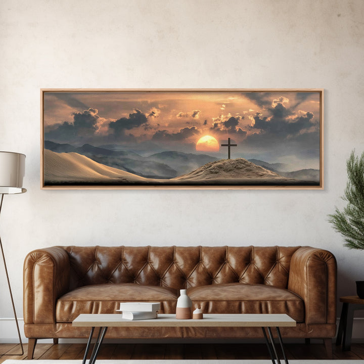 Desert Cross Dawn, Framed Canvas Print, Panoramic Wall Art, Christian Art Canvas, Christian Art Print, Modern Christian Art, Christian Deco