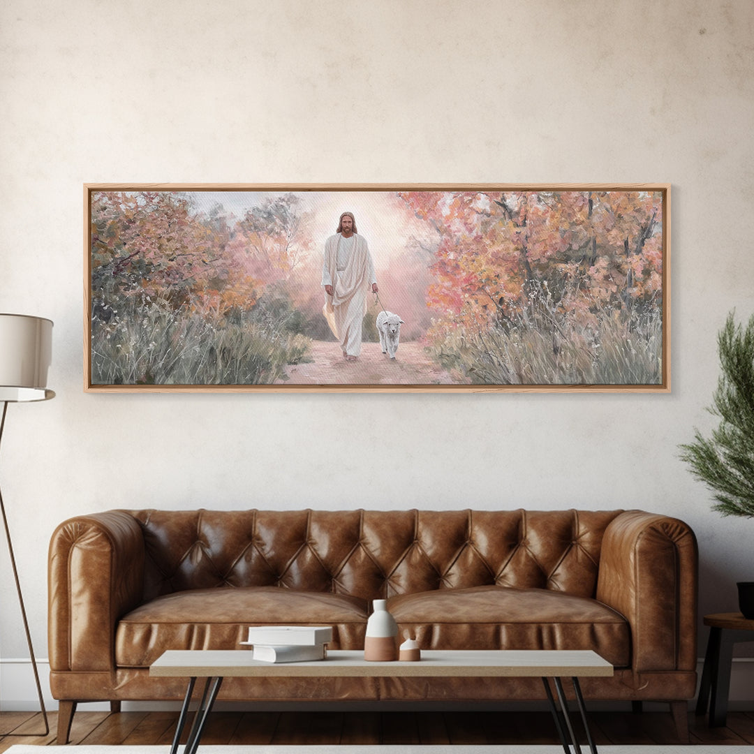 Autumn Shepherd Walk – Framed Canvas Print – Christian Art Canvas – Panoramic Wall Art – Jesus Painting – Christian Wall Art