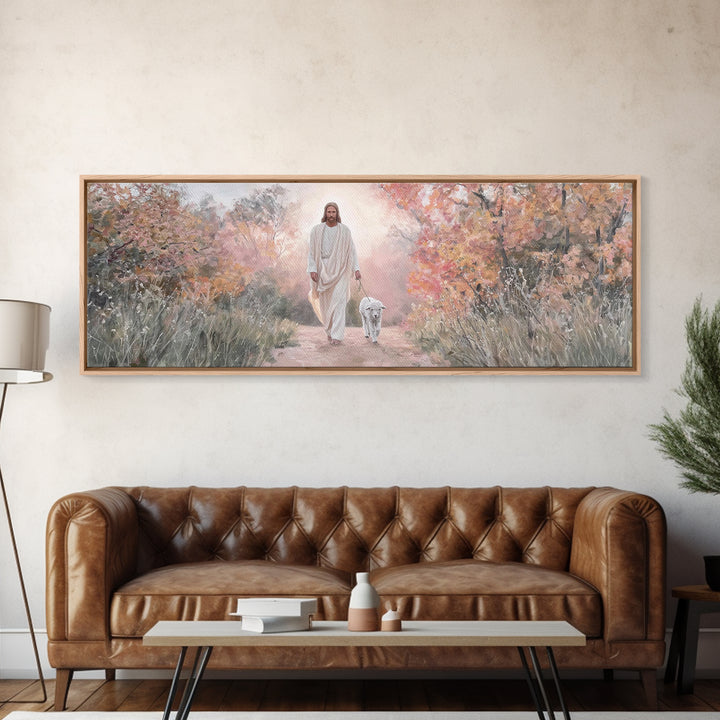 Autumn Shepherd Walk – Framed Canvas Print – Christian Art Canvas – Panoramic Wall Art – Jesus Painting – Christian Wall Art