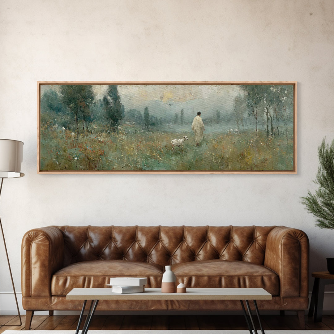 Misty Pasture Calm, Framed Canvas Print, Panoramic Art, Christian Wall Art, Jesus Painting, Christian Art Canvas