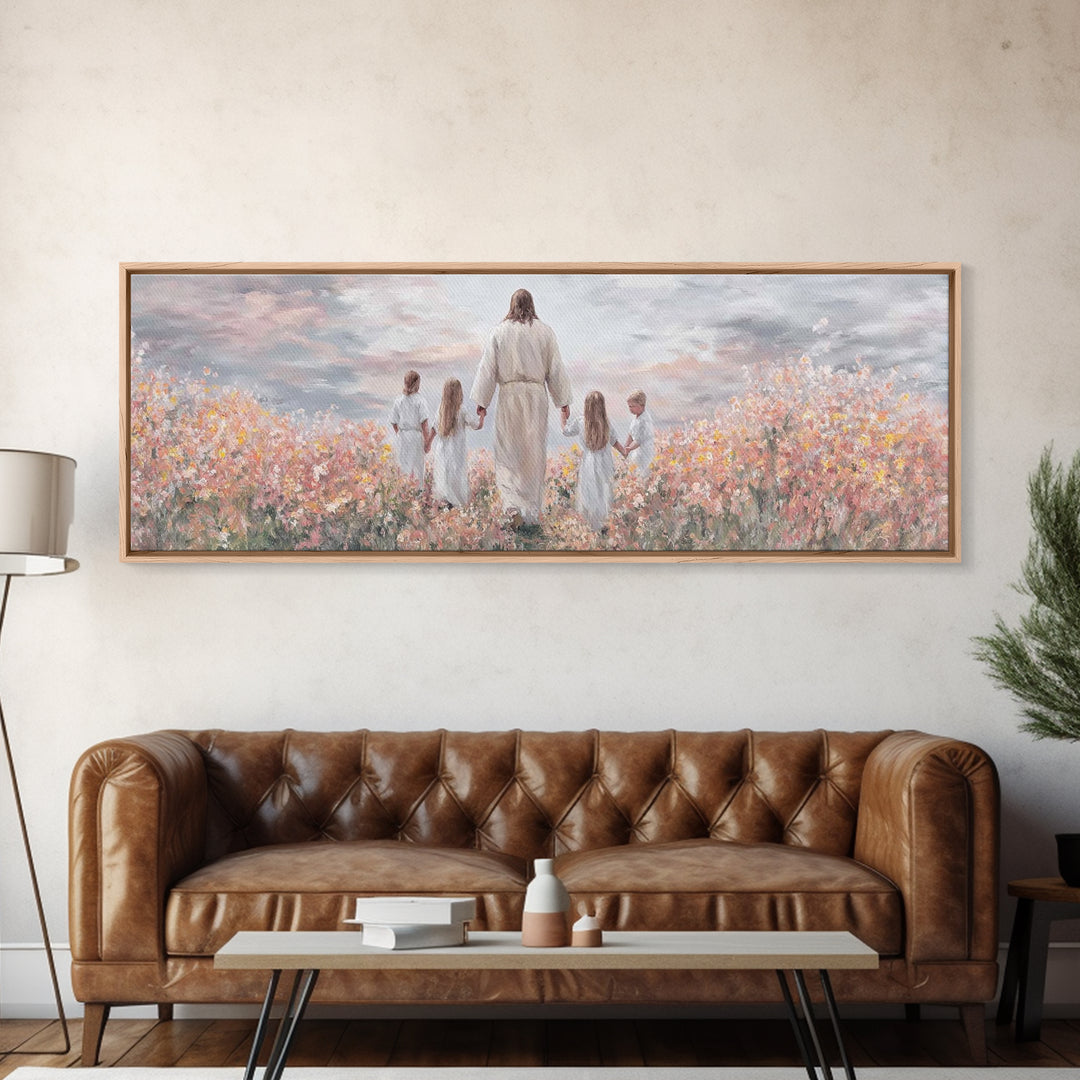 Circle Of Blessings, Framed Canvas Print, Jesus Painting, Christian Wall Art, Panoramic Art, Christian Art Canvas