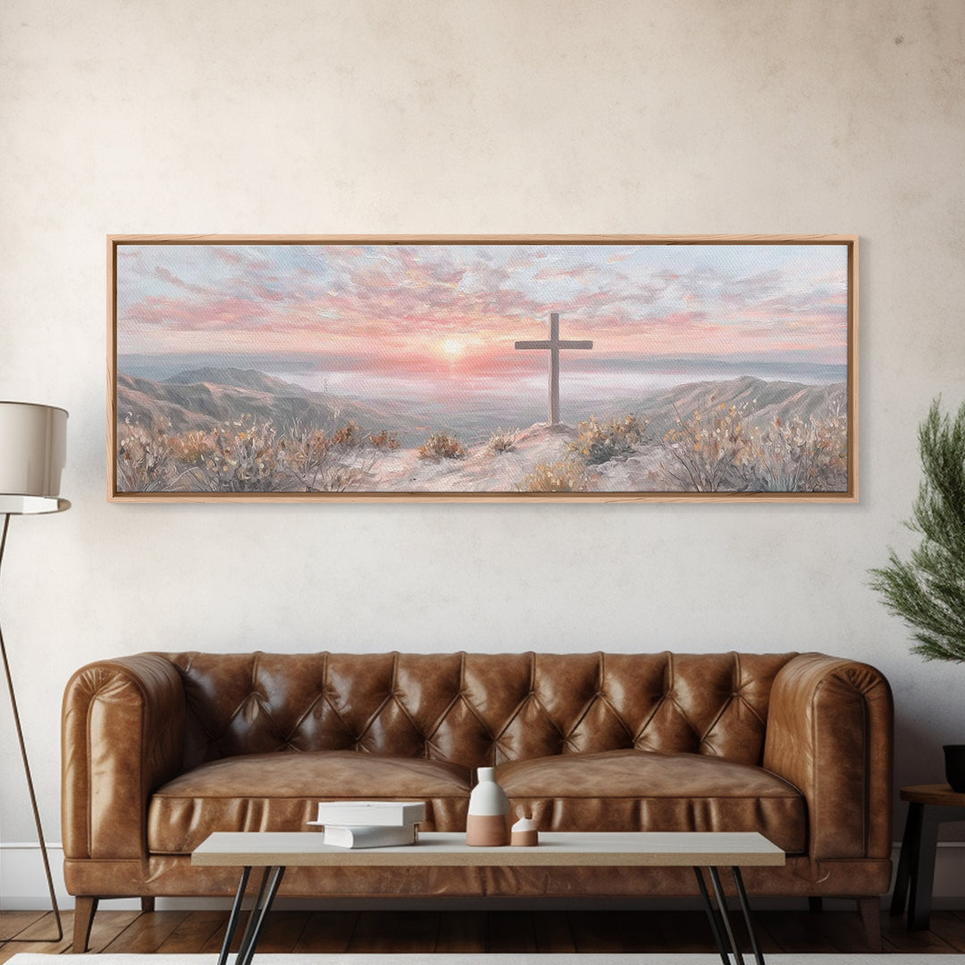 Sunrise At Calvary – Framed Canvas Print – Panoramic Painting – Christian Art Canvas – Christian Wall Art – Christian Gift Ideas – Modern C