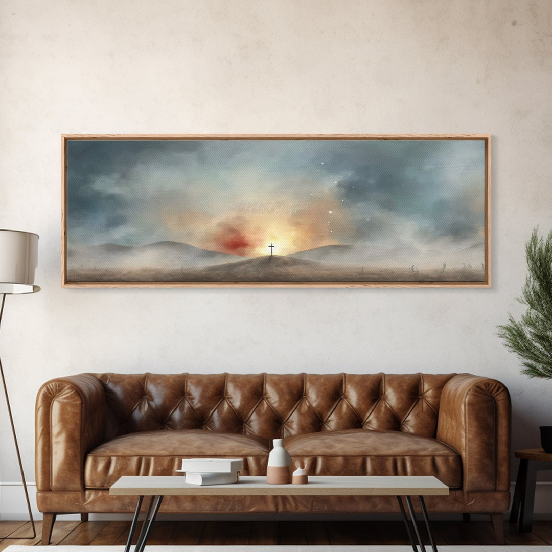 Risen Light Promise, Framed Canvas Print, Panoramic Art, Christian Wall Art, Christian Art Canvas, Blue Christian Art, Christian Art Work,
