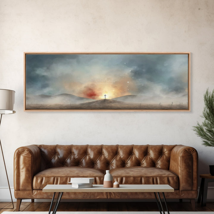 Risen Light Promise, Framed Canvas Print, Panoramic Art, Christian Wall Art, Christian Art Canvas, Blue Christian Art, Christian Art Work,