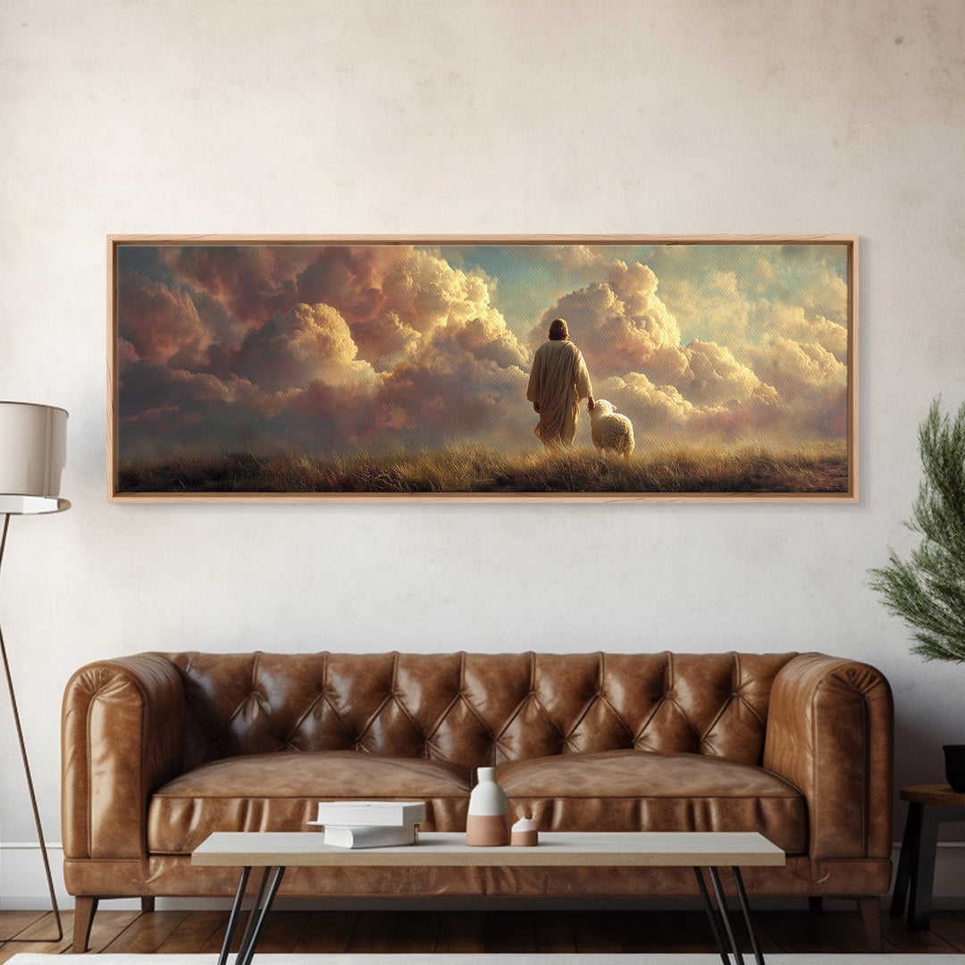 Eternal Shepherd Light – Framed Canvas Print – Panoramic Art – Christian Wall Art – Jesus Painting – Christian Art Canvas – Christian Chris