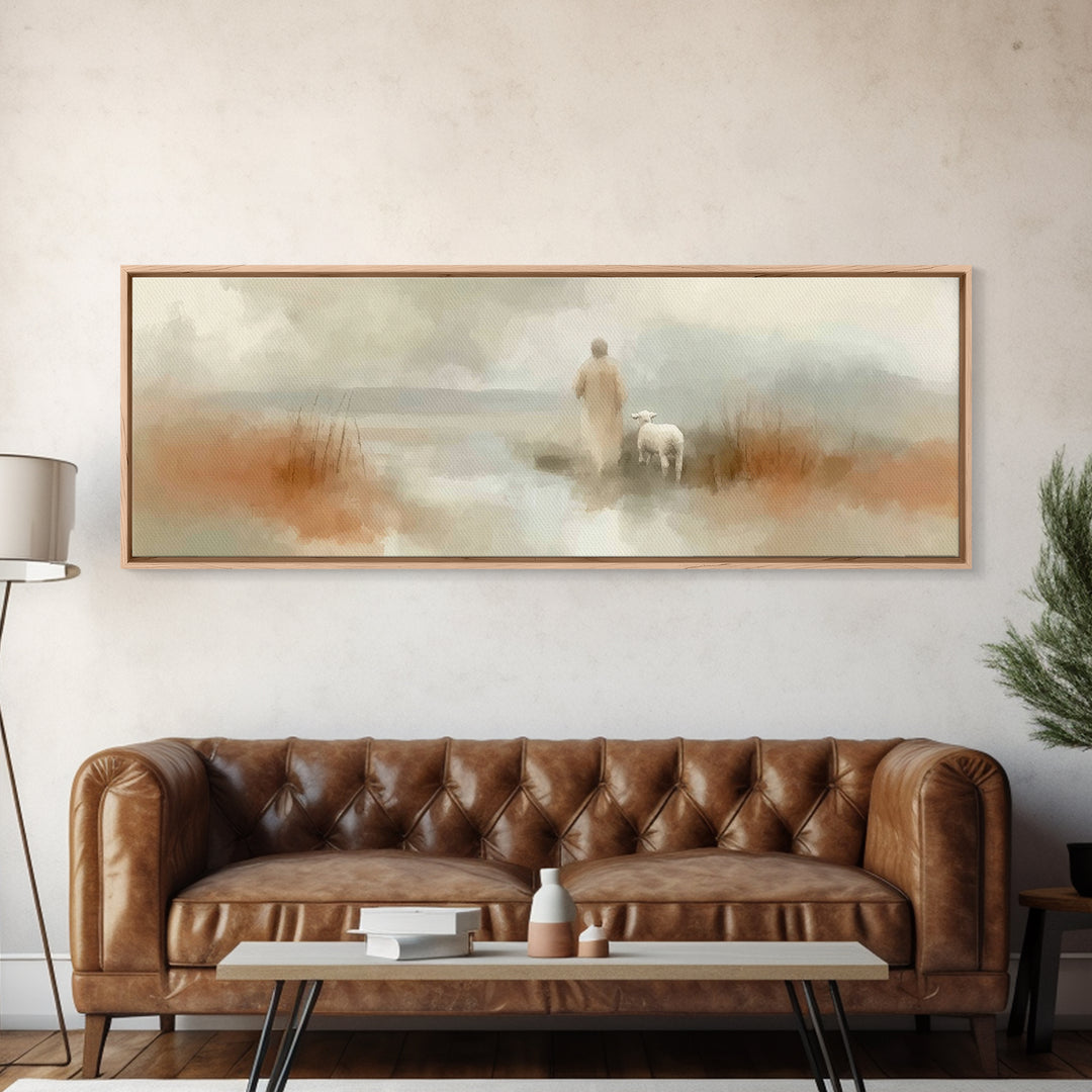 Quiet Waters Grace, Framed Canvas Print, Panoramic Frame, Christian Art Canvas, Jesus Painting, Christian Wall Art, Christian Christmas Art