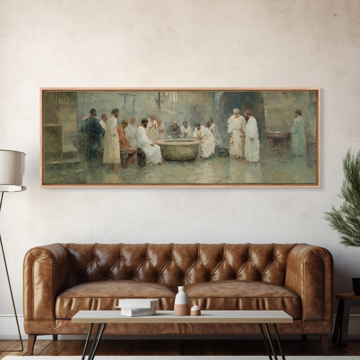Service of Love, Framed Canvas Print, Panoramic Wall Art, Christian Art Canvas, Jesus Painting, Christian Christmas Art, Christian Decor, C