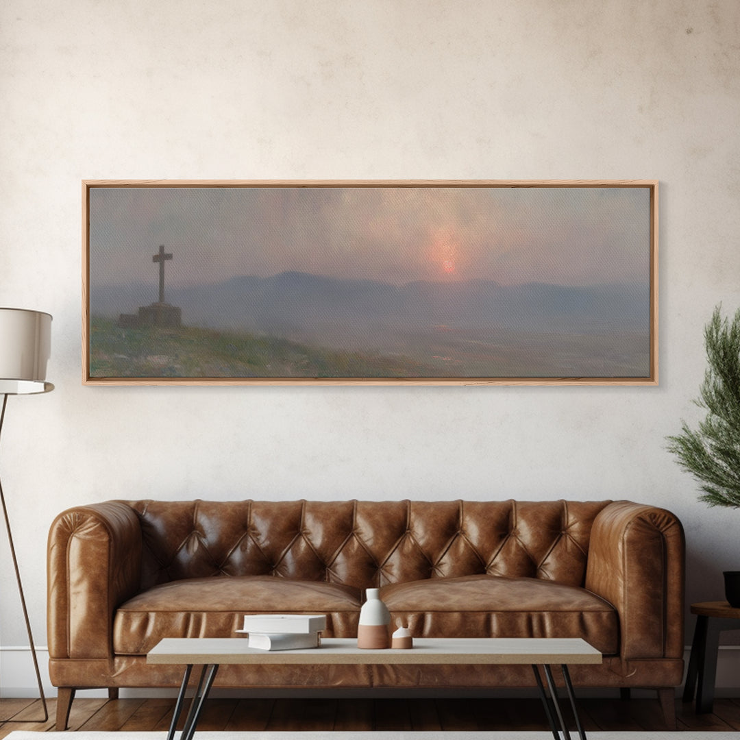 Cross Of Stillness | Framed Canvas Print | Panoramic Wall Art | Christian Art Print | Christian Painting | Moody Christian Art | Christian