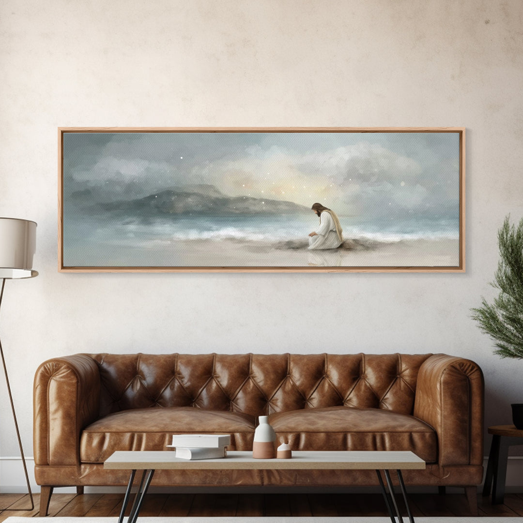Shoreline Reverence - Framed Canvas Print - Christian Wall Art - Jesus Painting - Panoramic Art - Christian Art Canvas - Christmas Art