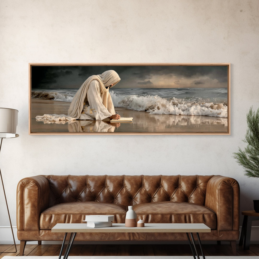 Quiet Sea Prayer | Framed Canvas Print | Jesus Painting | Panoramic Wall Art | Christian Art Print | Christian Wall Art | Christmas Art