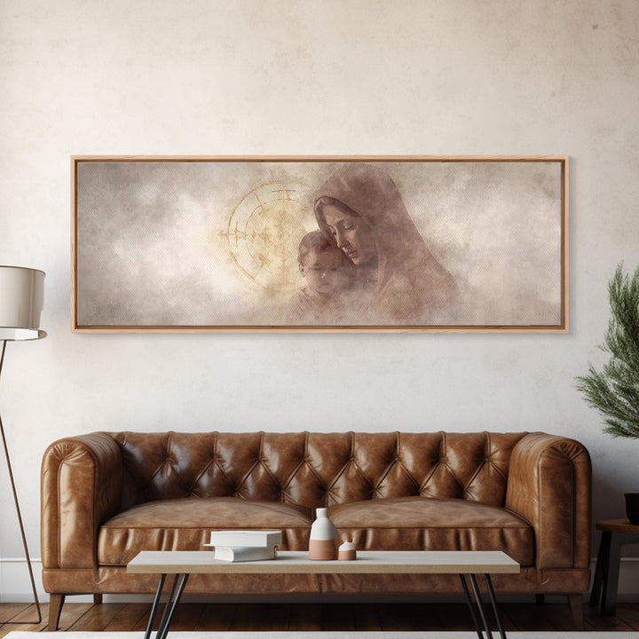 Motherly Devotion, Framed Canvas Print, Christian Wall Art, Panoramic Painting, Mary And Jesus Painting, Christian Art Canvas, Christmas Ar