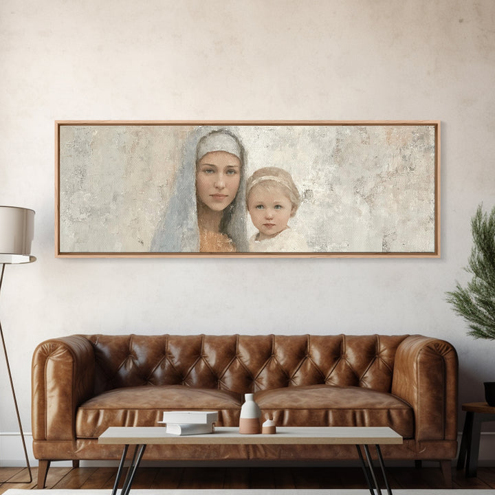 Sacred Tenderness - Framed Canvas Print - Panoramic Wall Art - Mary And Jesus Painting - Christian Art Canvas - Christian Wall Art - Christ