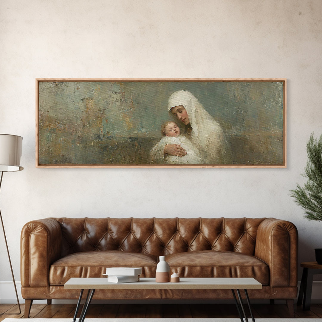 Silent Mercy Embrace - Framed Canvas Print - Panoramic Painting - Christian Wall Art - Mary And Jesus Painting - Christian Art Canvas - Chr