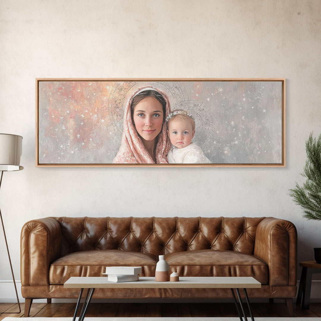 Radiant Holy Innocence | Framed Canvas Print | Panoramic Wall Art | Christian Art Canvas | Mary And Jesus Painting | Christian Christmas Ar
