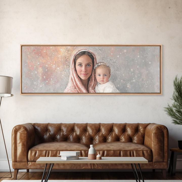 Radiant Holy Innocence | Framed Canvas Print | Panoramic Wall Art | Christian Art Canvas | Mary And Jesus Painting | Christian Christmas Ar