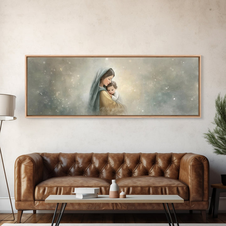 Starborn Grace Light, Framed Canvas Print, Panoramic Art, Christian Wall Art, Mary And Jesus Painting, Christian Art Canvas, Christmas Art