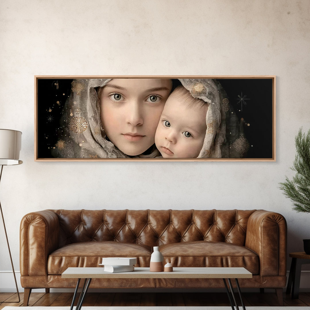 Gentle Heaven’s Hold - Framed Canvas Print - Panoramic Frame - Christian Art Canvas - Mary And Jesus Painting - Christian Wall Art - Christ