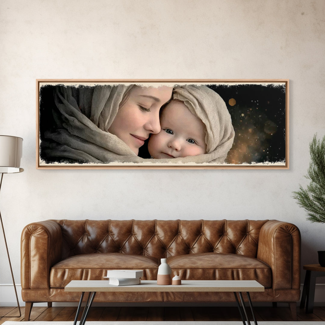 Timeless Sacred Gaze | Framed Canvas Print | Panoramic Painting | Mary And Jesus Painting | Christian Art Canvas | Christian Christmas Art