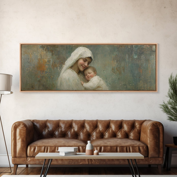 Holy Tender Joy, Framed Canvas Print, Panoramic Wall Art, Christian Art Canvas, Mary And Jesus Painting, Christmas Art, Christian Wall Art