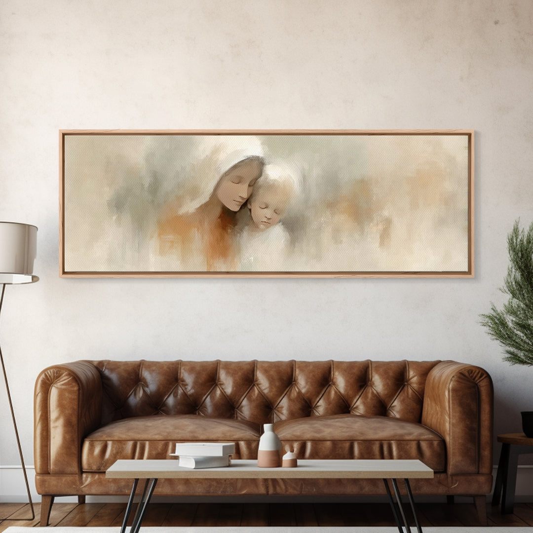 Hushed Bethlehem Love - Framed Canvas Print - Panoramic Print - Christian Wall Art - Mary And Jesus Painting - Christian Art Canvas - Chris